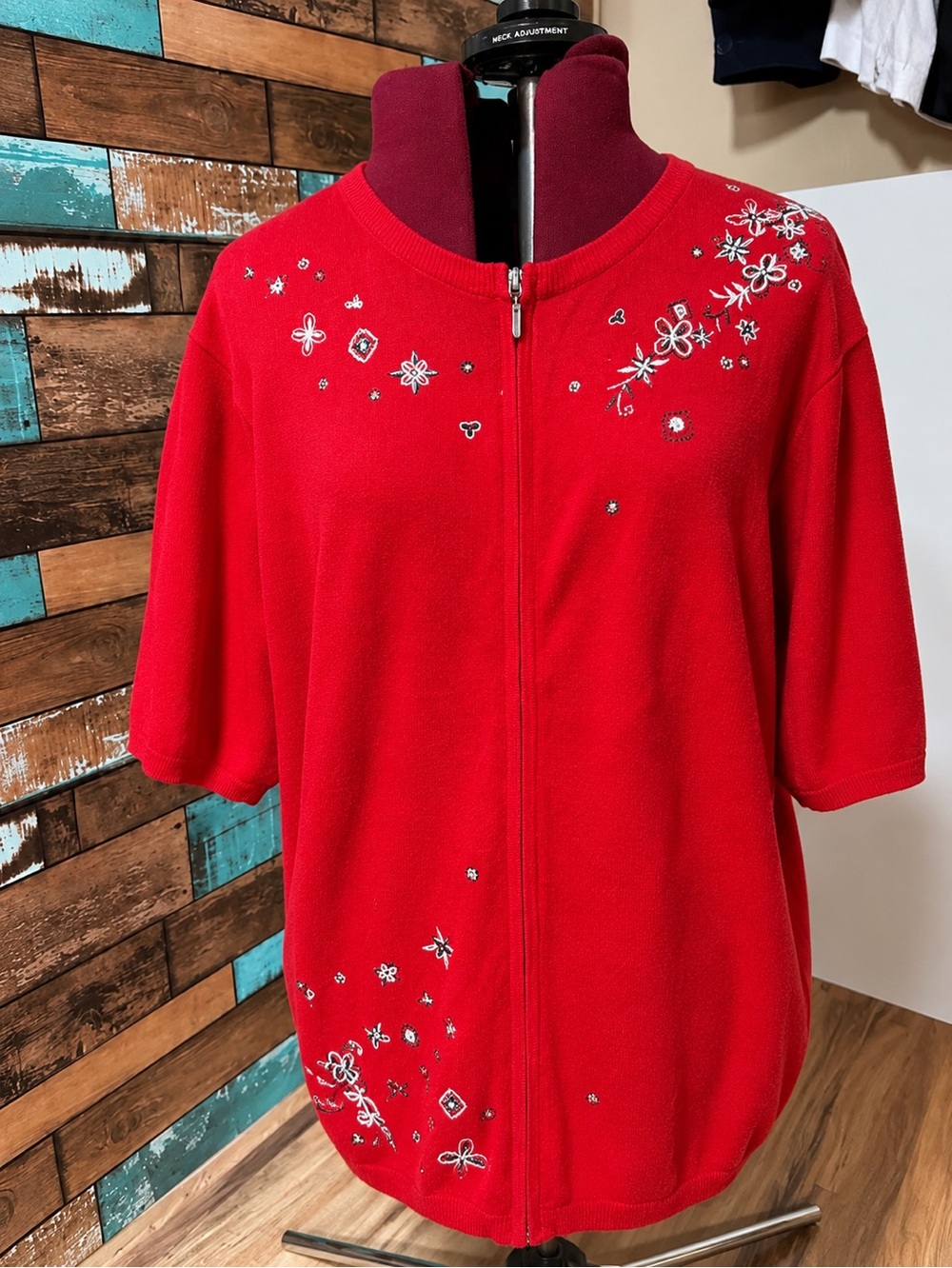 Teddi 3X Red Embroidered Zip Cardigan Ramie Cotton Plus Size